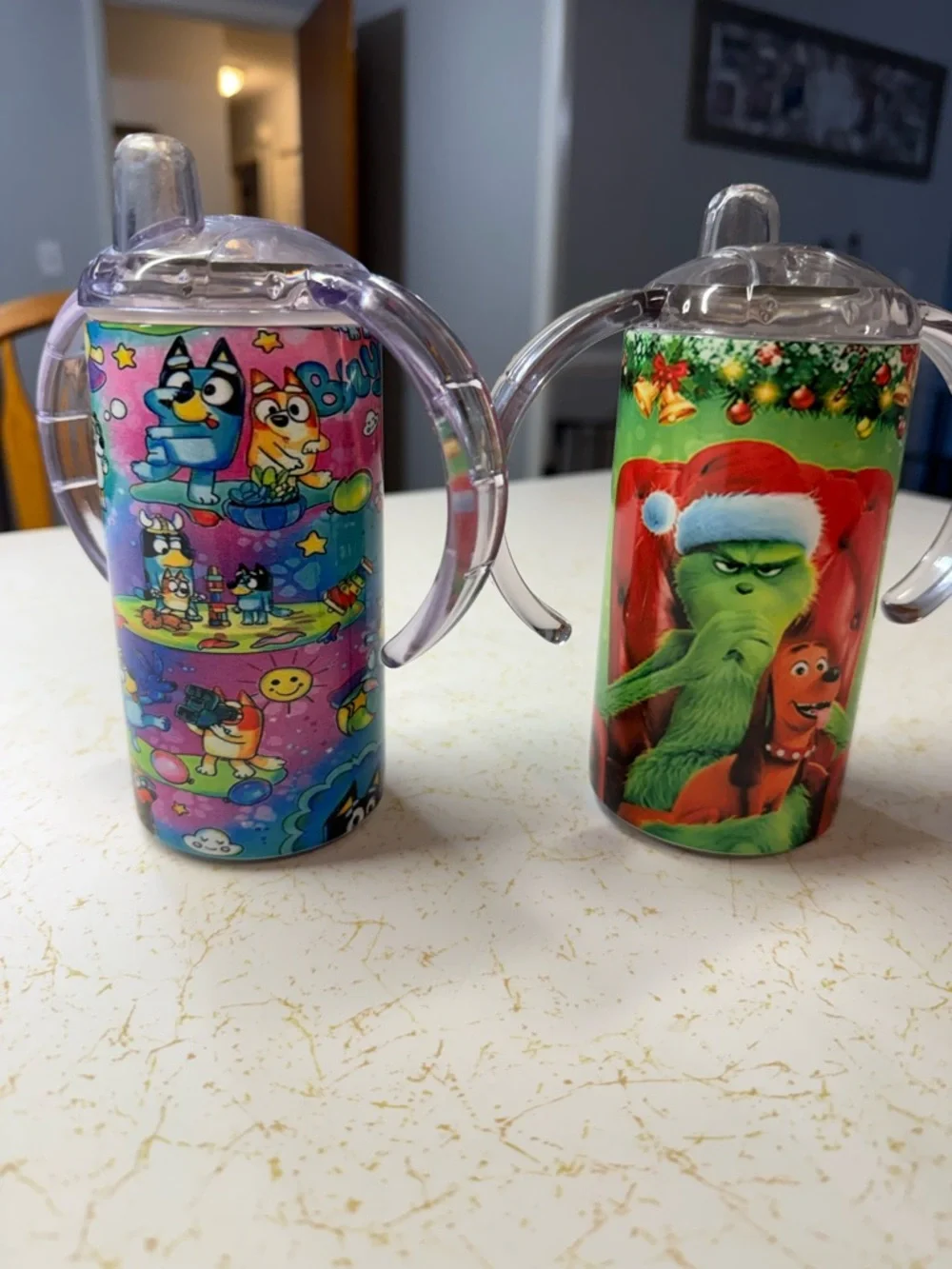 Bluey and Grinch Kids Sippy Cups - Clear Handle, Multi-Color Designs